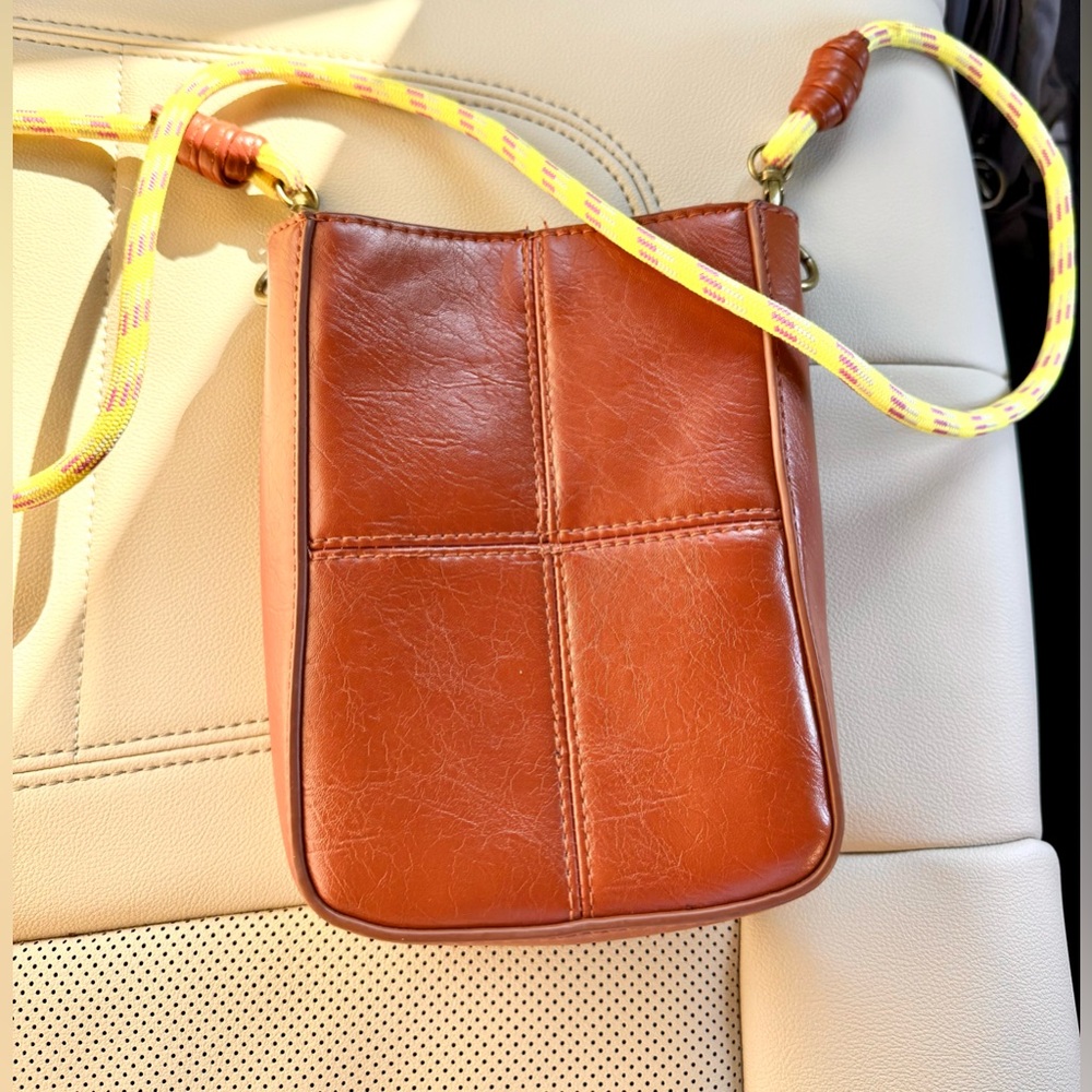 Brown Crossbody Bag with Yellow Strap Adjustable Vegan